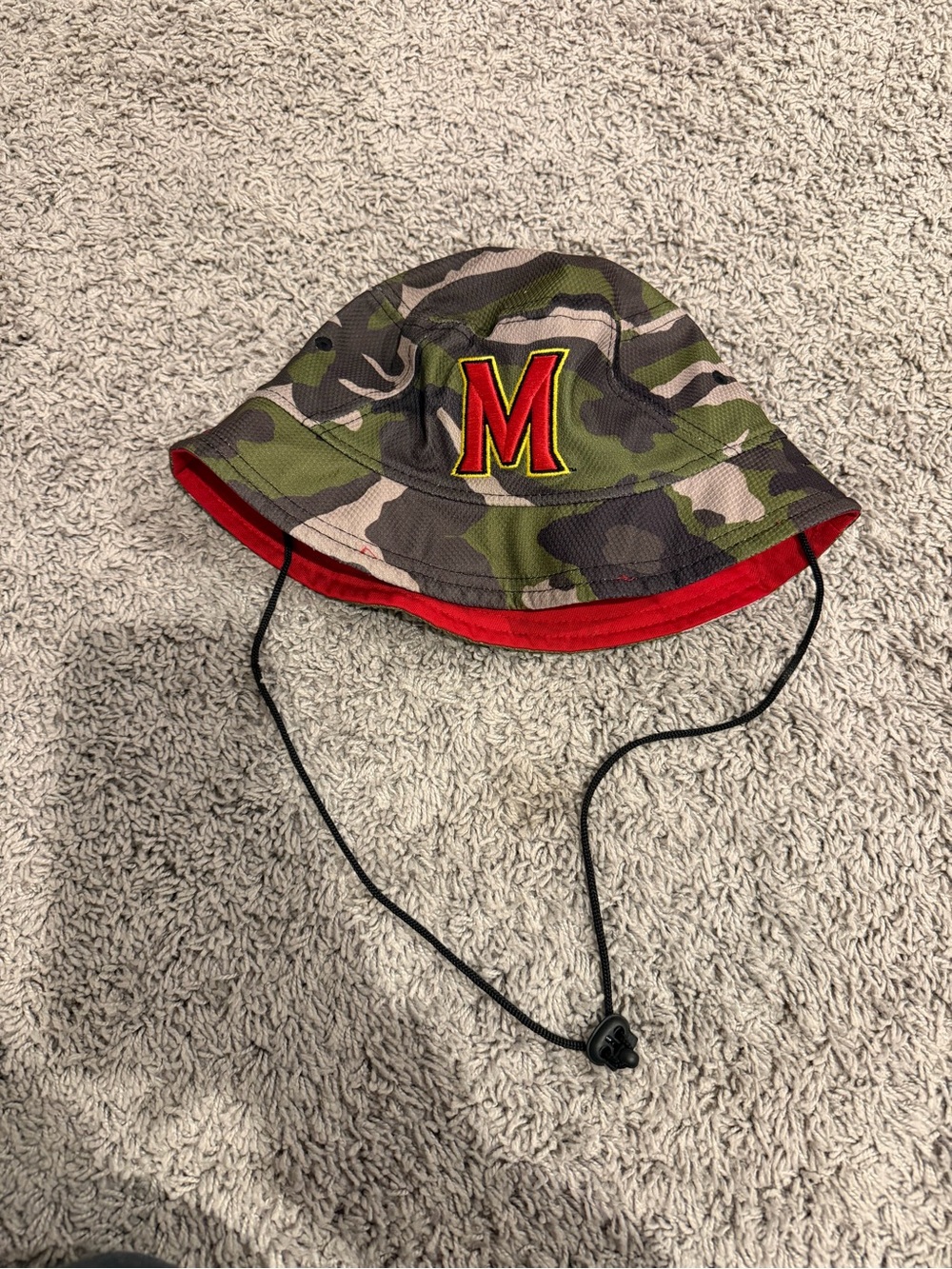 Mens University of Maryland Camo Bucket Hat with Red Trim and 'M' Patch